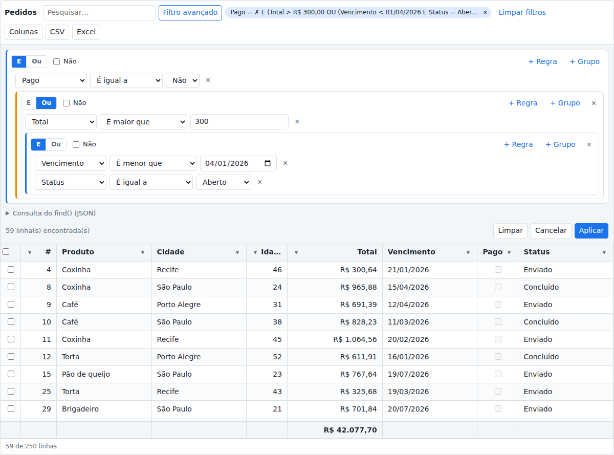 The visual query builder with nested groups, shown with Portuguese labels